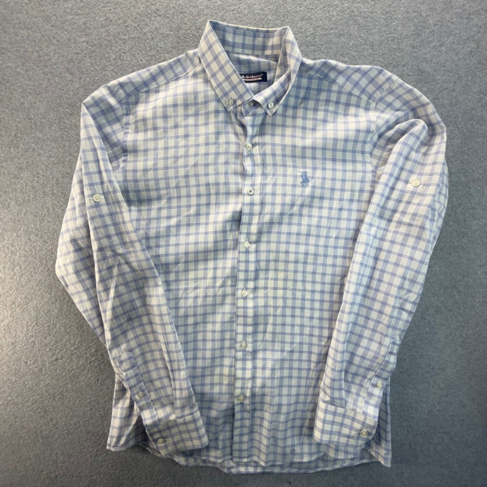 Dewberry Couture Deluxe Mens Large Blue White Plaid Roll Tab Button Down Shirt - Picture 1 of 7